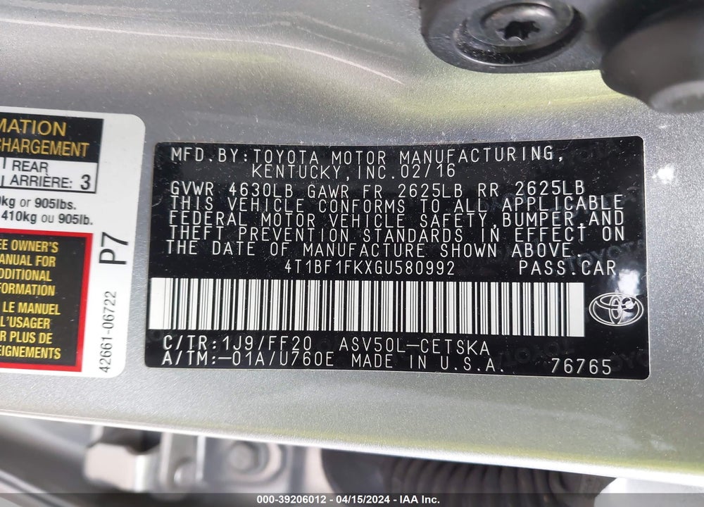 2016 TOYOTA CAMRY SE VIN: 4T1BF1FKXGU580992