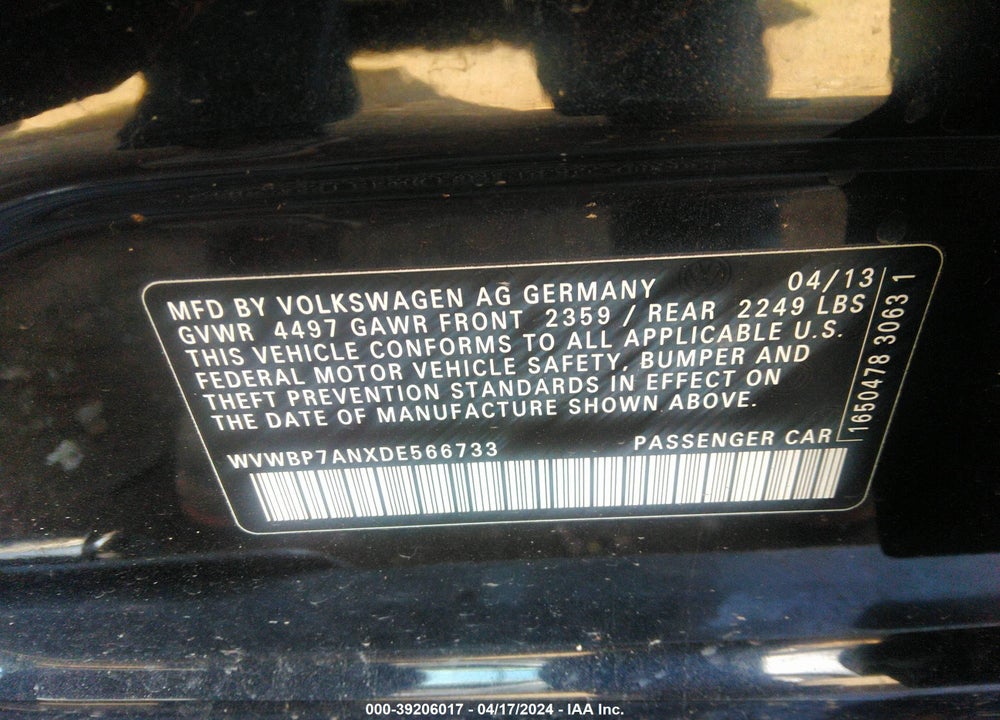 2013 VOLKSWAGEN CC 2.0T SPORT VIN: WVWBP7ANXDE566733
