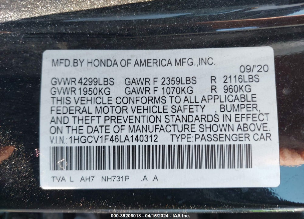 2020 HONDA ACCORD EX VIN: 1HGCV1F46LA140312
