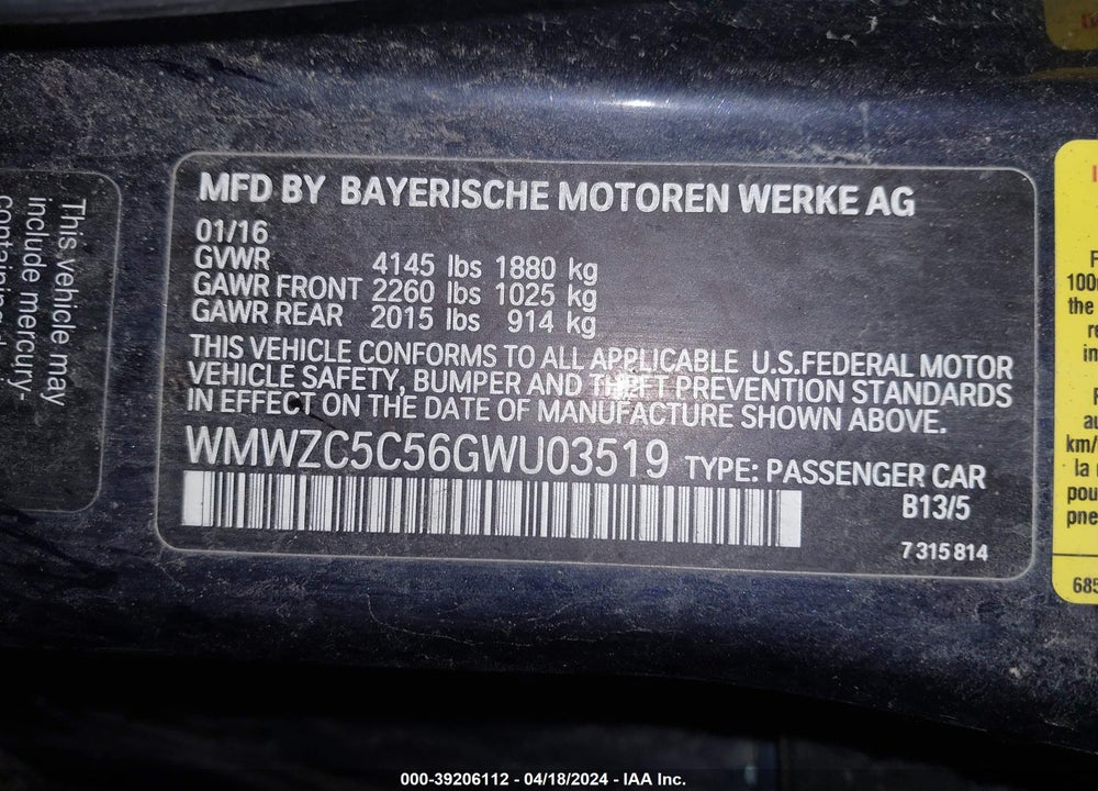2016 MINI COUNTRYMAN COOPER S VIN: WMWZC5C56GWU03519