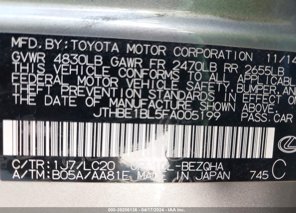 2015 LEXUS GS 350 VIN: JTHBE1BL5FA005199