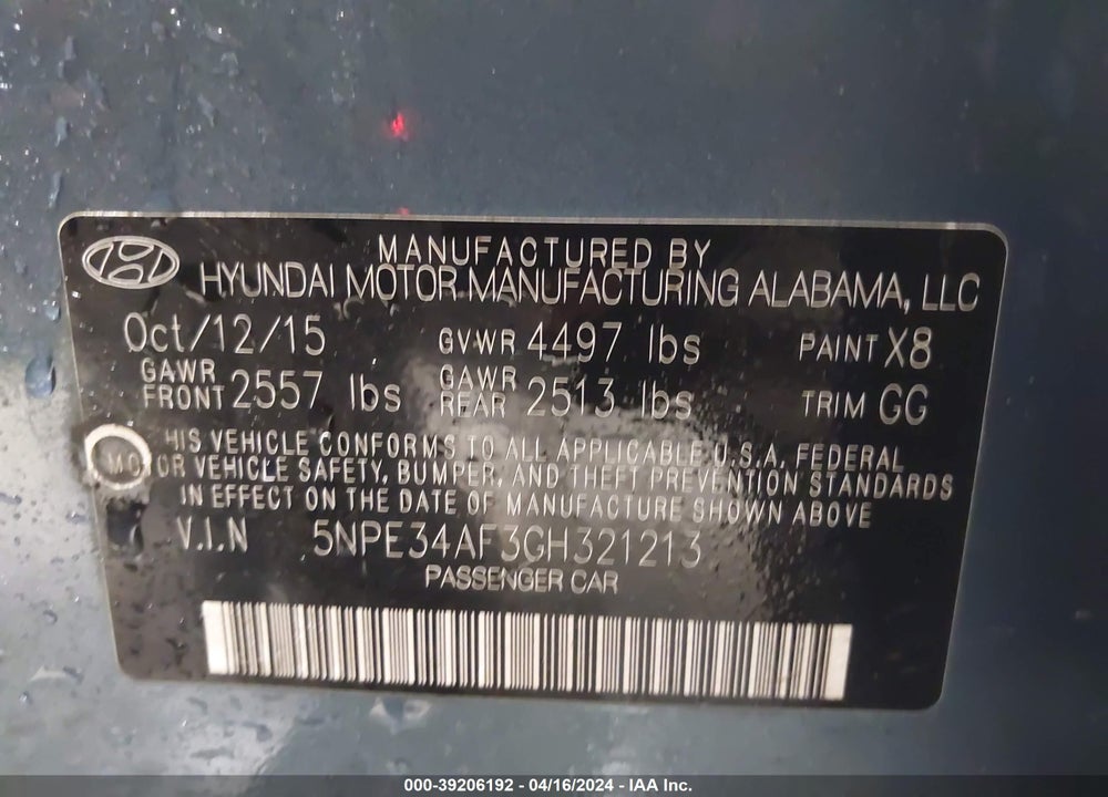 2016 HYUNDAI SONATA SPORT VIN: 5NPE34AF3GH321213