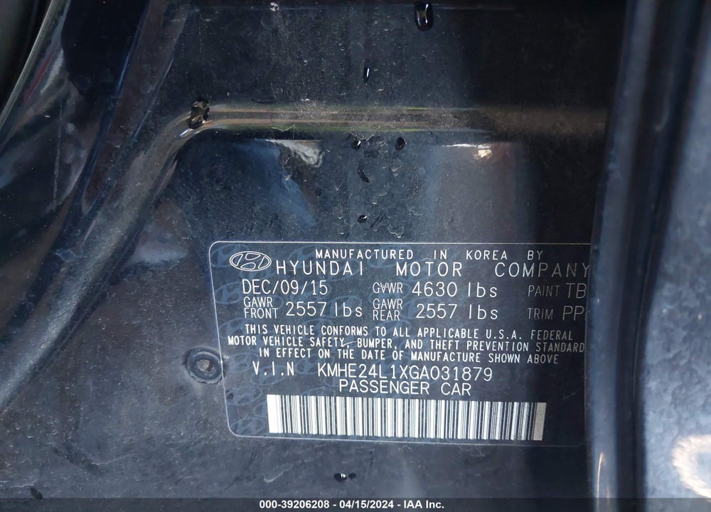 2016 HYUNDAI SONATA HYBRID SE VIN: KMHE24L1XGA031879