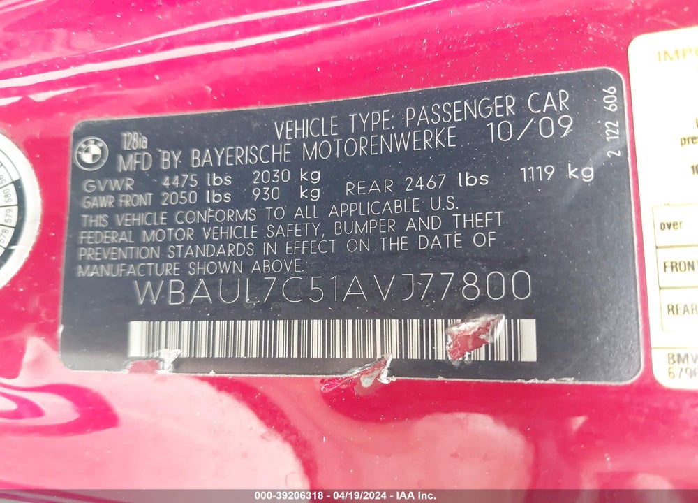 2010 BMW 128I VIN: WBAUL7C51AVJ77800