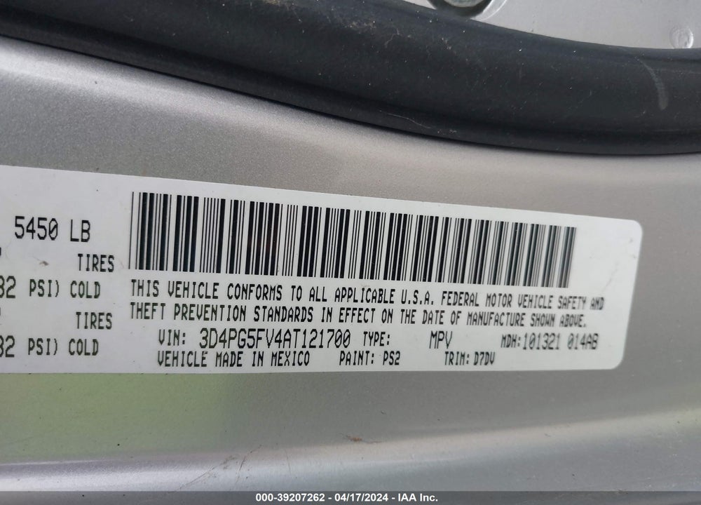 2010 DODGE JOURNEY SXT VIN: 3D4PG5FV4AT121700