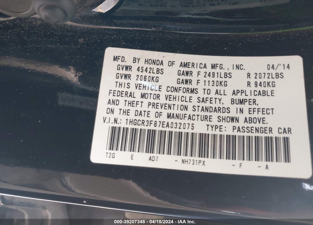 2014 HONDA ACCORD EX-L V-6 VIN: 1HGCR3F87EA032075