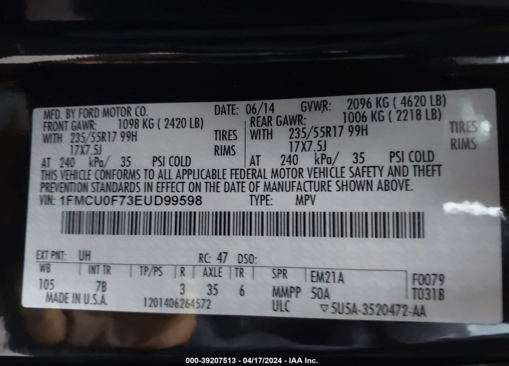 2014 FORD ESCAPE S VIN: 1FMCU0F73EUD99598