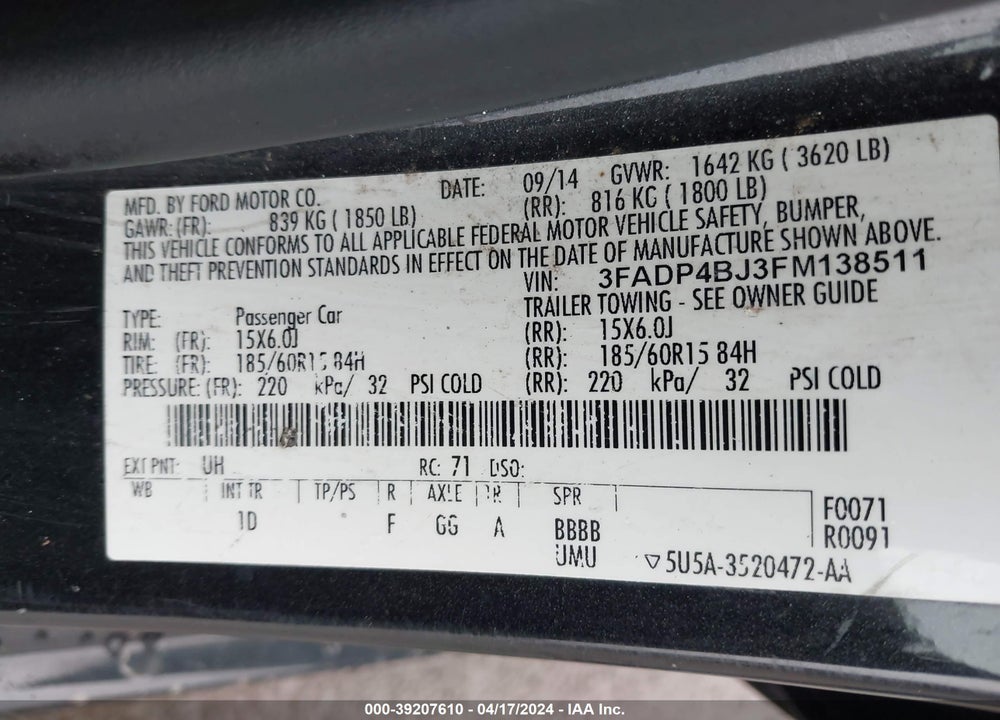 2015 FORD FIESTA SE VIN: 3FADP4BJ3FM138511