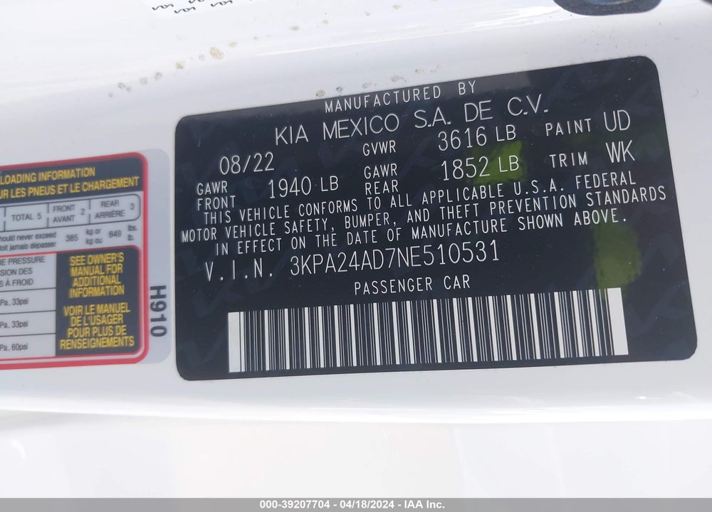 2022 KIA RIO LX VIN: 3KPA24AD7NE510531
