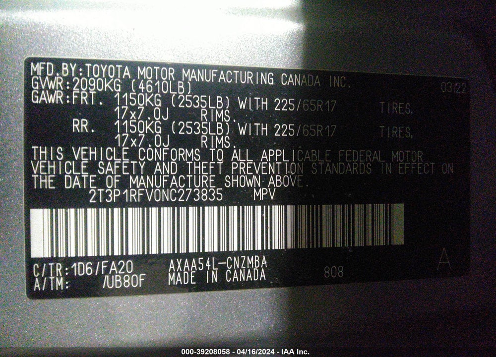 2022 TOYOTA RAV4 XLE VIN: 2T3P1RFV0NC273835