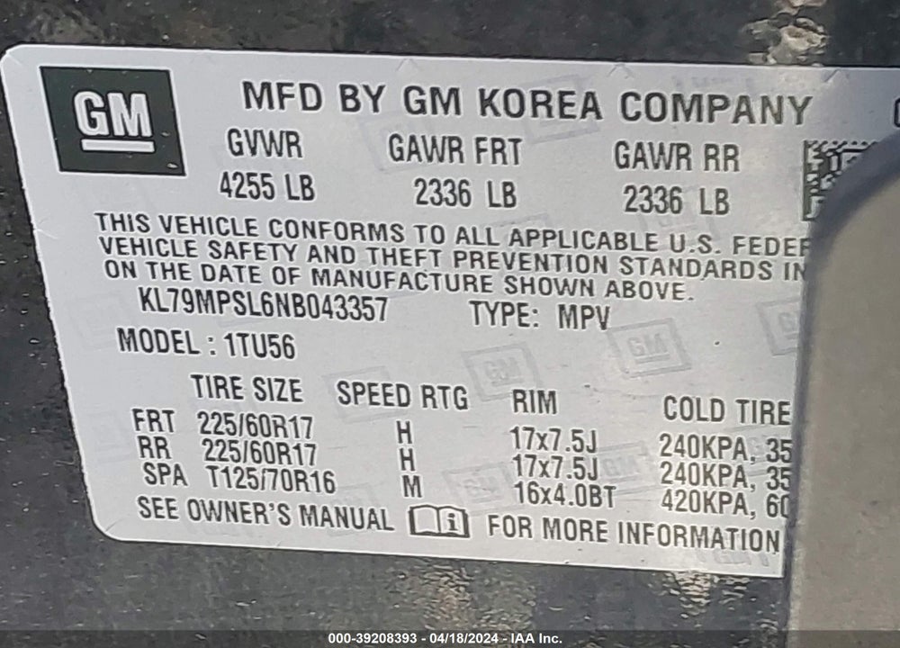 2022 CHEVROLET TRAILBLAZER FWD LT VIN: KL79MPSL6NB043357