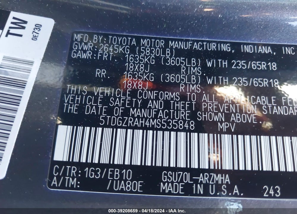 2021 TOYOTA HIGHLANDER XLE VIN: 5TDGZRAH4MS535848