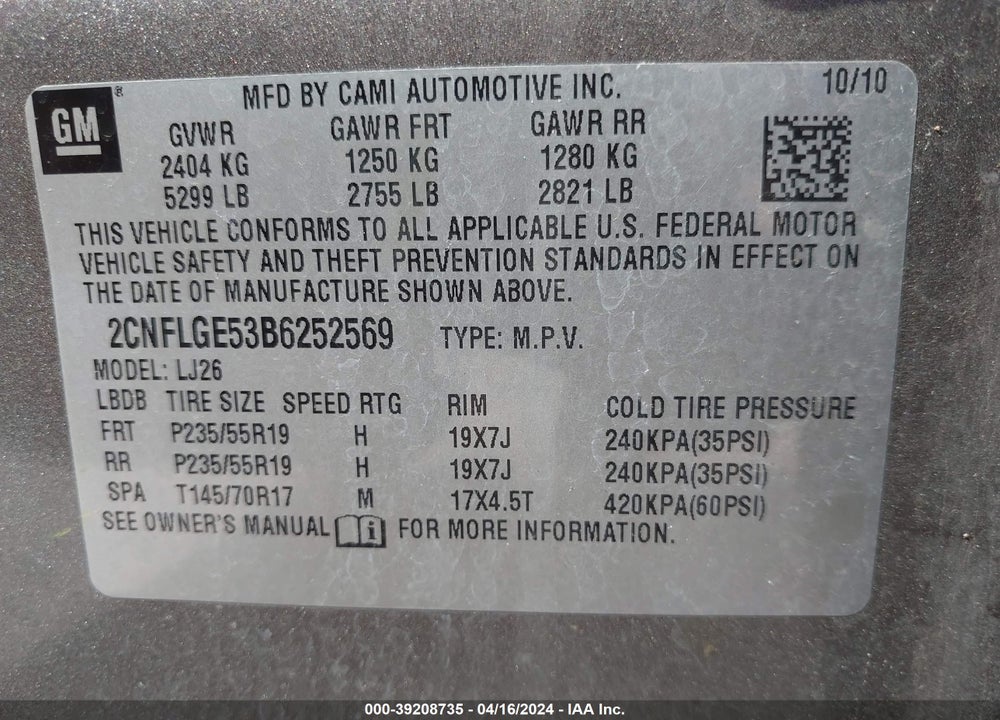 2011 CHEVROLET EQUINOX LTZ VIN: 2CNFLGE53B6252569