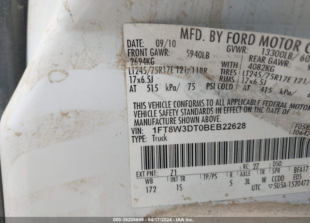 2011 FORD F-350 XL VIN: 1FT8W3DT0BEB22628