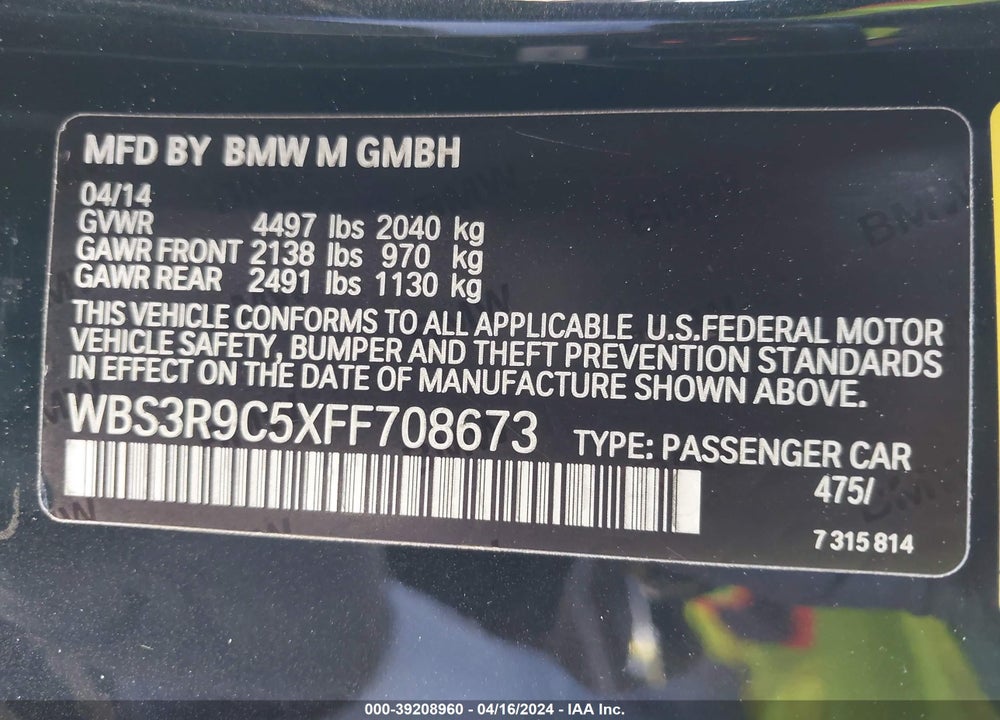 2015 BMW M4 VIN: WBS3R9C5XFF708673
