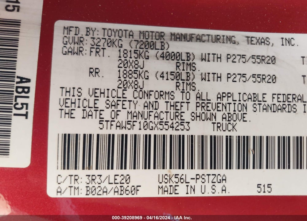 2016 TOYOTA TUNDRA PLATINUM 5.7L V8 VIN: 5TFAW5F10GX554253
