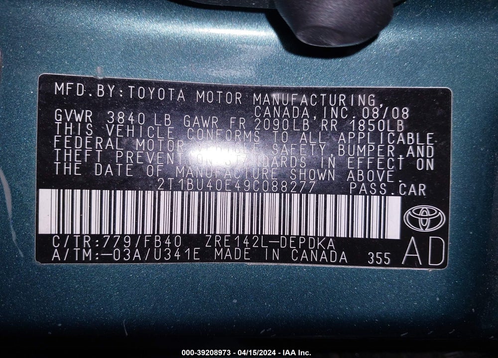 2009 TOYOTA COROLLA LE VIN: 2T1BU40E49C088277
