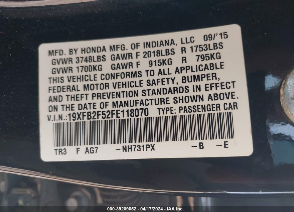2015 HONDA CIVIC LX VIN: 19XFB2F52FE118070