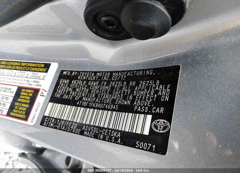2017 TOYOTA CAMRY SE VIN: 4T1BF1FK8HU746945