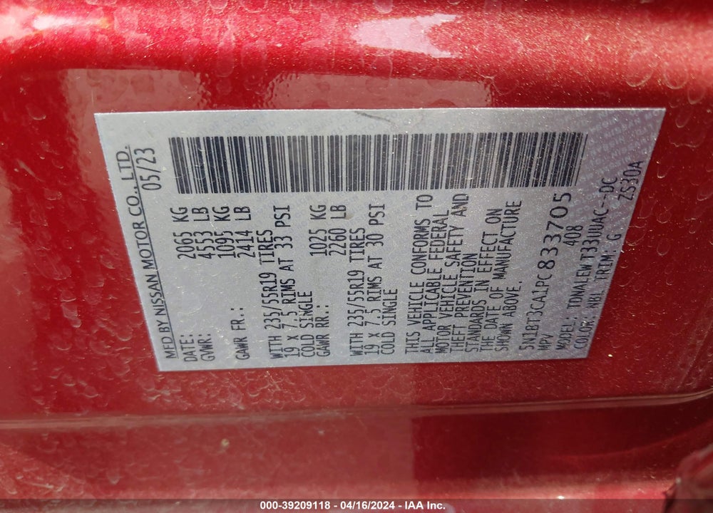 2023 NISSAN ROGUE SL FWD VIN: 5N1BT3CA1PC833705