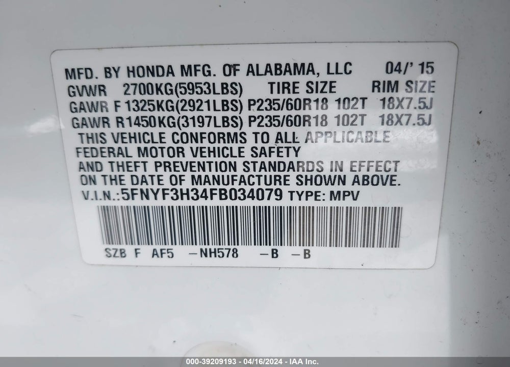 2015 HONDA PILOT SE VIN: 5FNYF3H34FB034079