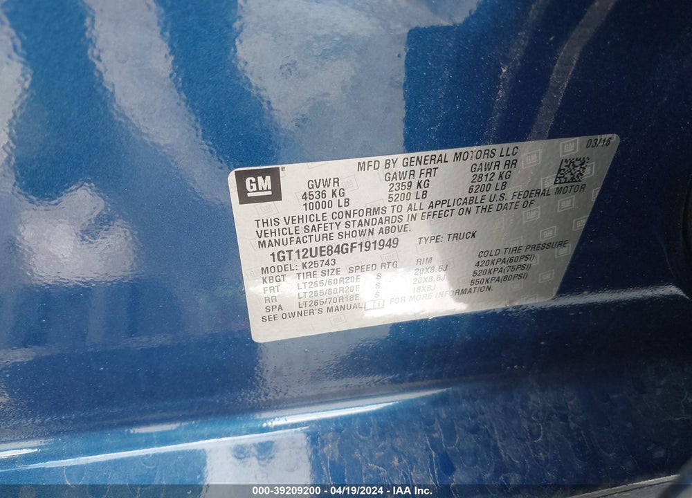 2016 GMC SIERRA 2500HD DENALI VIN: 1GT12UE84GF191949