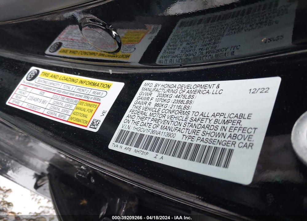 2022 HONDA ACCORD VIN: 1HGCV1F36NA113900
