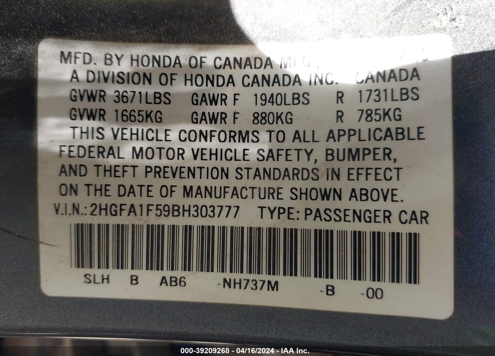 2011 HONDA CIVIC LX VIN: 2HGFA1F59BH303777