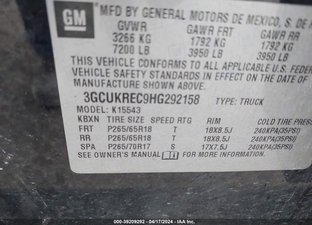 2017 CHEVROLET SILVERADO 1500 2LT VIN: 3GCUKREC9HG292158