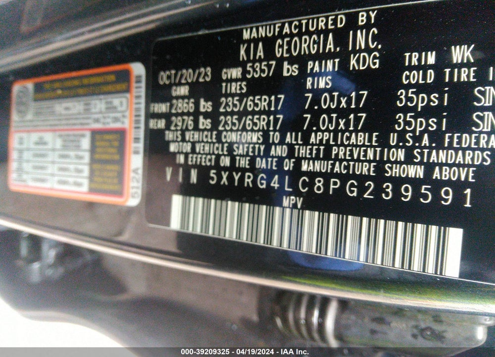 2023 KIA SORENTO LX VIN: 5XYRG4LC8PG239591