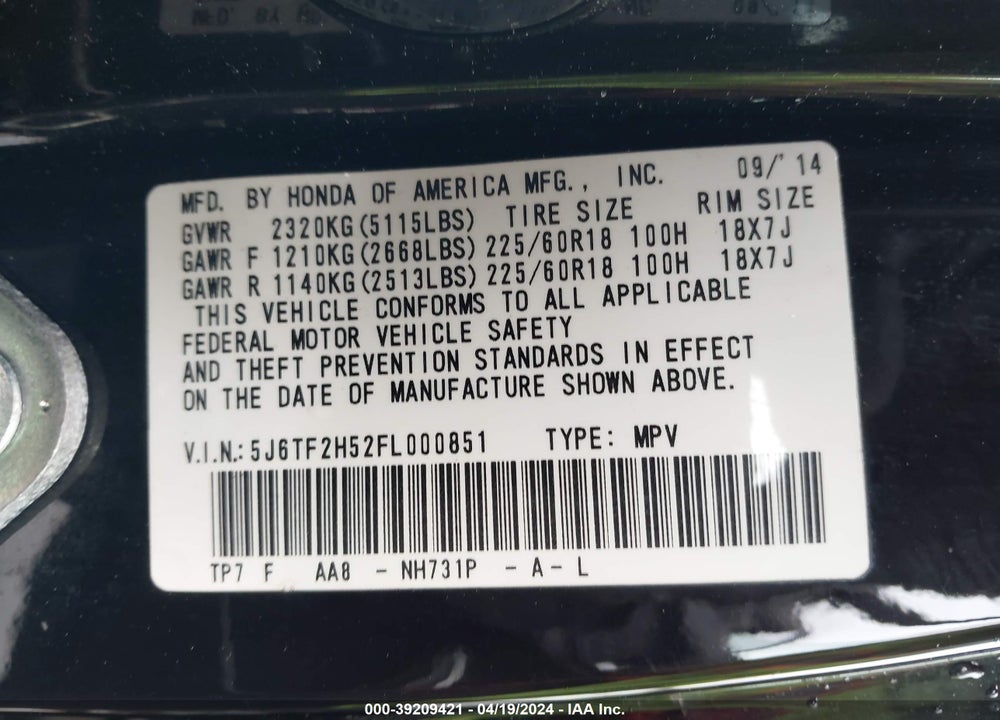 2015 HONDA CROSSTOUR EX-L V6 VIN: 5J6TF2H52FL000851