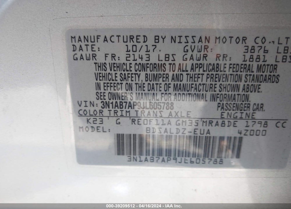 2018 NISSAN SENTRA SV VIN: 3N1AB7AP9JL605788