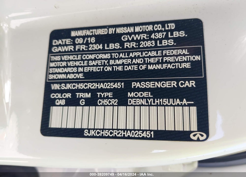 2017 INFINITI QX30 PREMIUM VIN: SJKCH5CR2HA025451