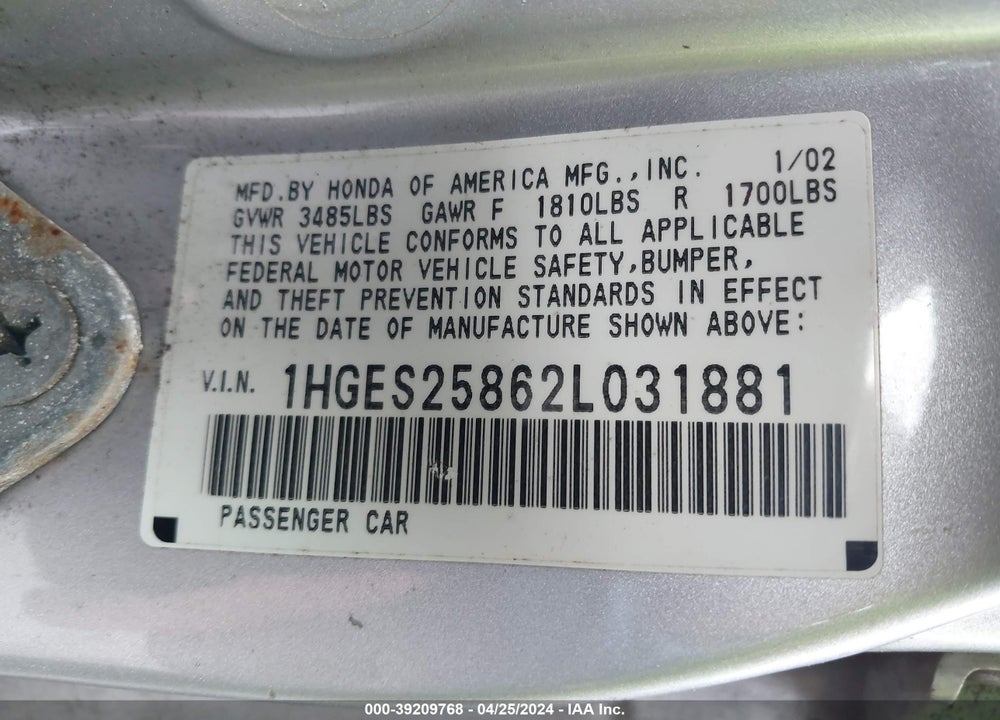 2002 HONDA CIVIC EX VIN: 1HGES25862L031881