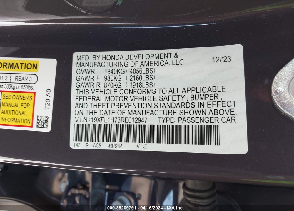 2024 HONDA CIVIC EX-L VIN: 19XFL1H73RE012947