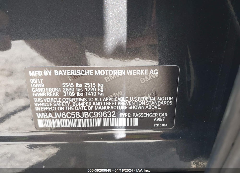 2018 BMW 640I GRAN TURISMO XDRIVE VIN: WBAJV6C58JBC99632