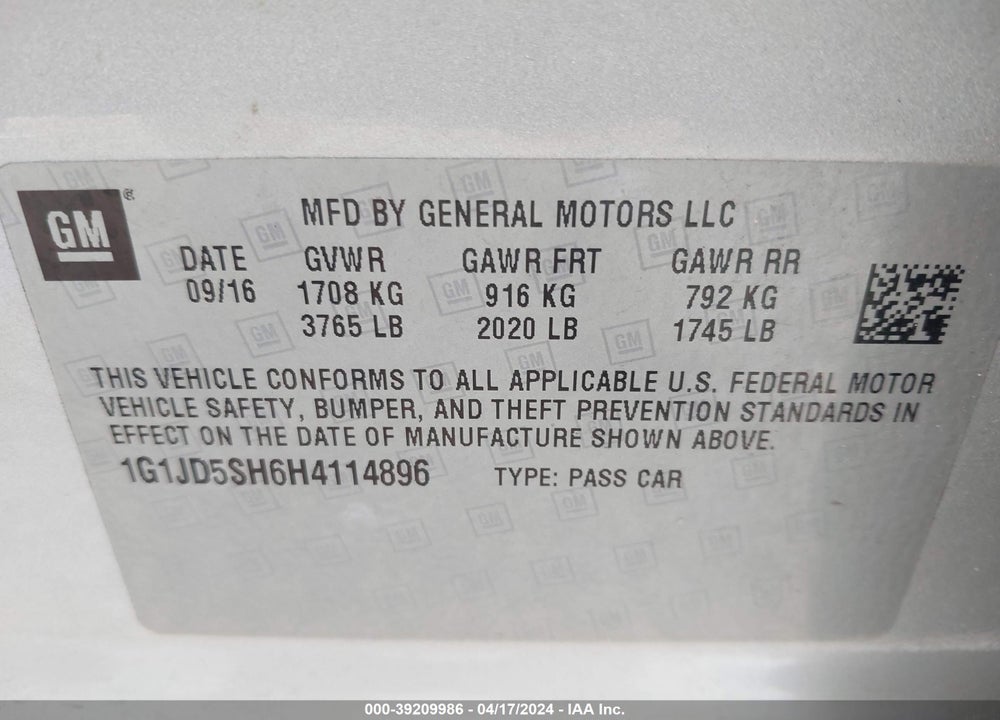2017 CHEVROLET SONIC LT AUTO VIN: 1G1JD5SH6H4114896