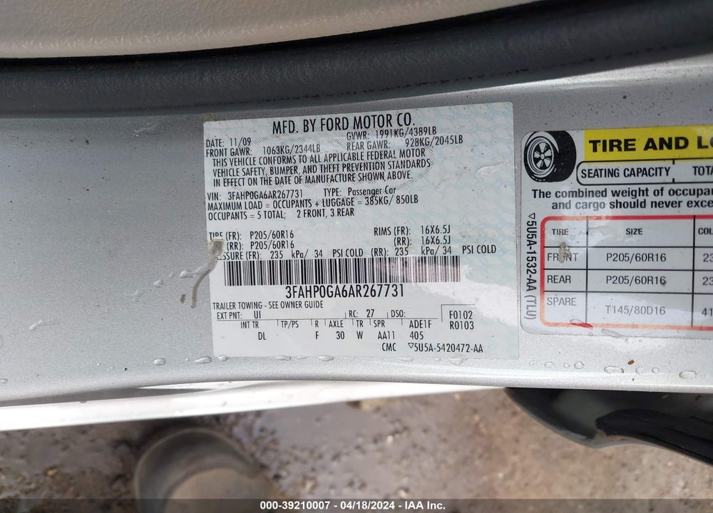 2010 FORD FUSION S VIN: 3FAHP0GA6AR267731
