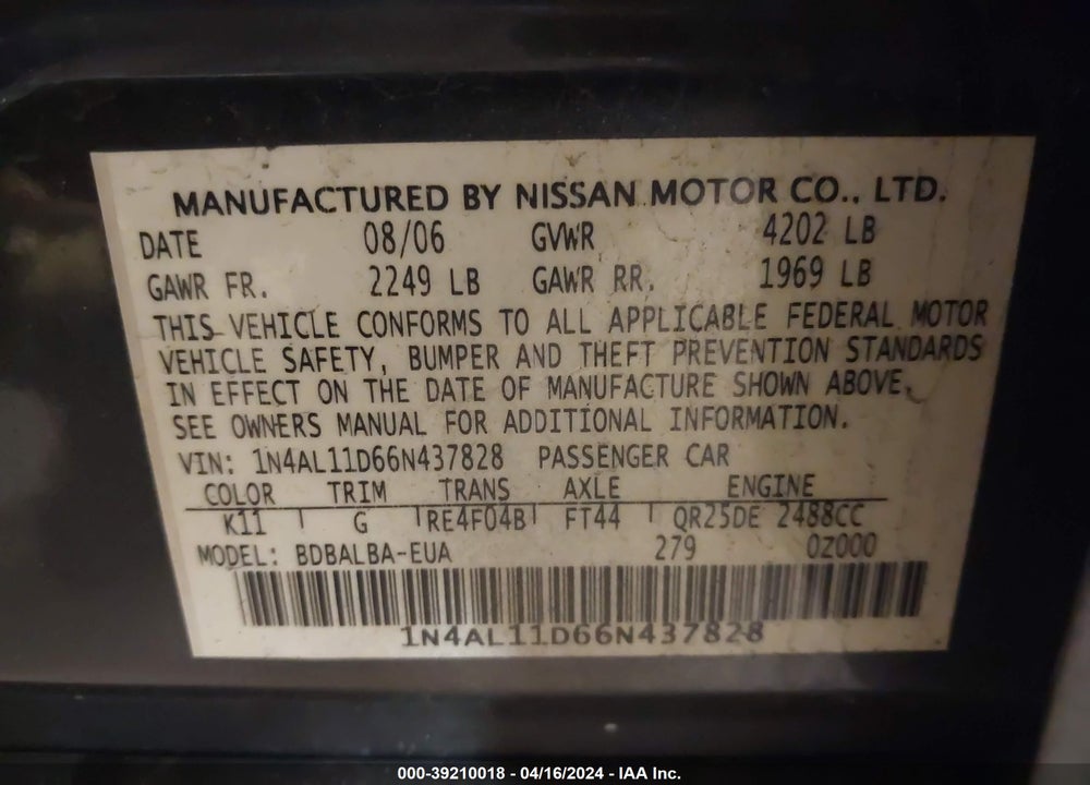 2006 NISSAN ALTIMA 2.5 S VIN: 1N4AL11D66N437828
