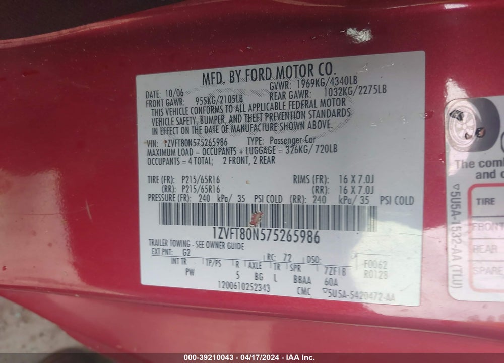 2007 FORD MUSTANG V6 DELUXE/V6 PREMIUM VIN: 1ZVFT80N575265986