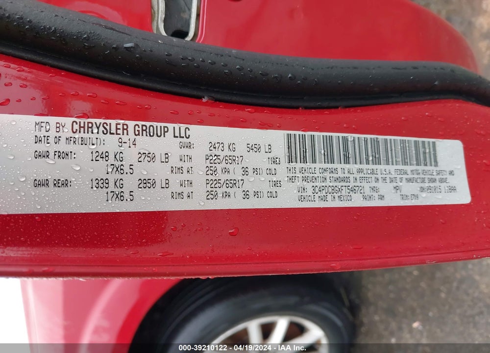 2015 DODGE JOURNEY SXT VIN: 3C4PDCBGXFT546721