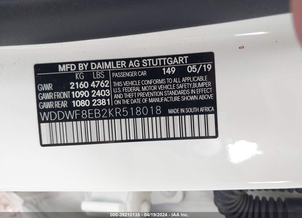 2019 MERCEDES-BENZ C 300 4MATIC VIN: WDDWF8EB2KR518018