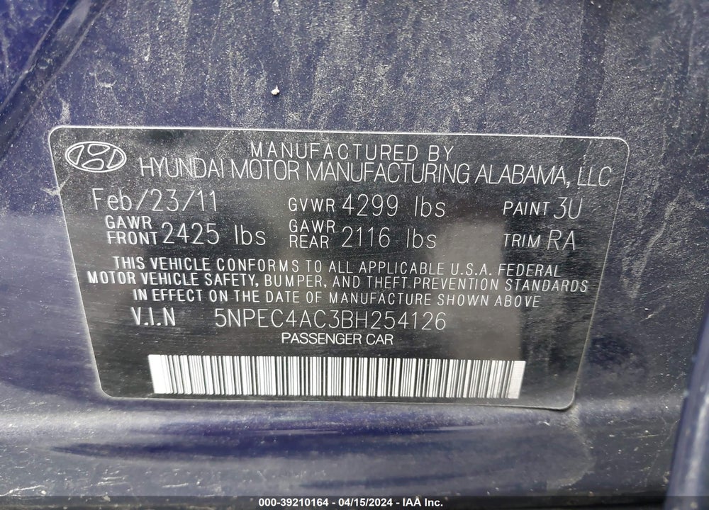 2011 HYUNDAI SONATA SE VIN: 5NPEC4AC3BH254126