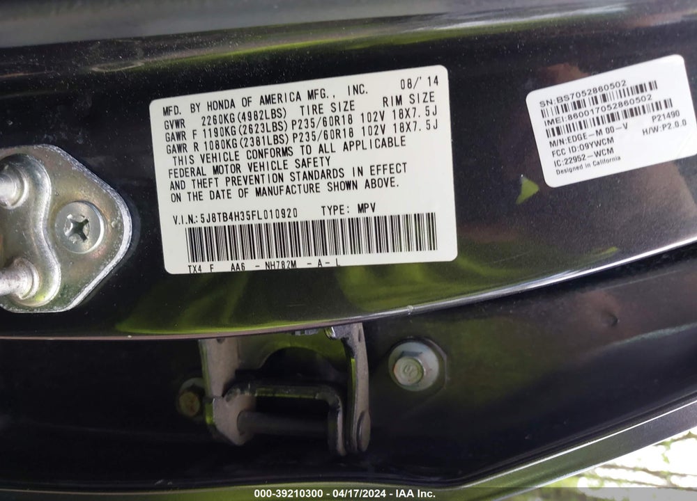 2015 ACURA RDX VIN: 5J8TB4H35FL010920