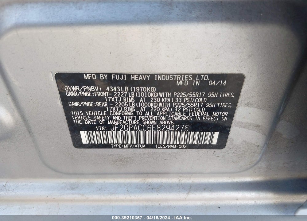 2014 SUBARU XV CROSSTREK 2.0I PREMIUM VIN: JF2GPACC6E8294276