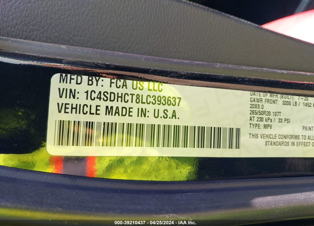 2020 DODGE DURANGO R/T RWD VIN: 1C4SDHCT8LC393637