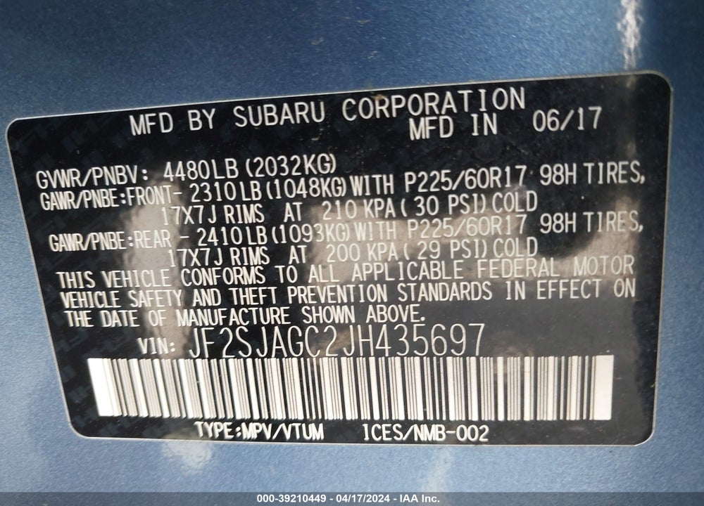 2018 SUBARU FORESTER 2.5I PREMIUM VIN: JF2SJAGC2JH435697