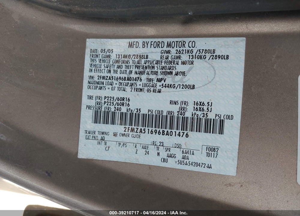 2006 FORD FREESTAR SE VIN: 2FMZA51696BA01476