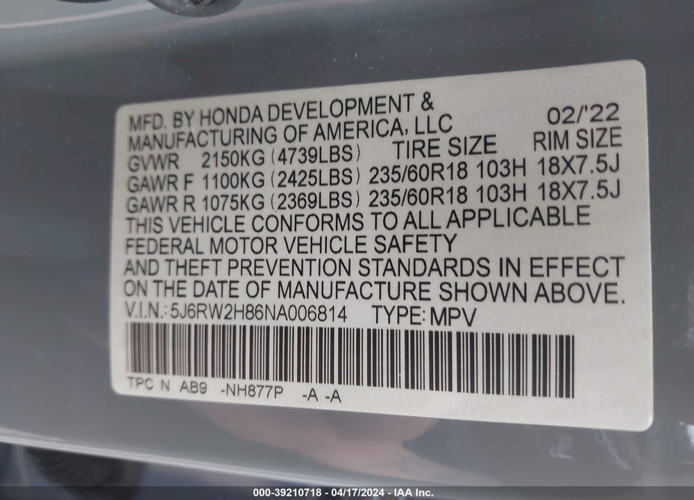 2022 HONDA CR-V AWD EX-L VIN: 5J6RW2H86NA006814
