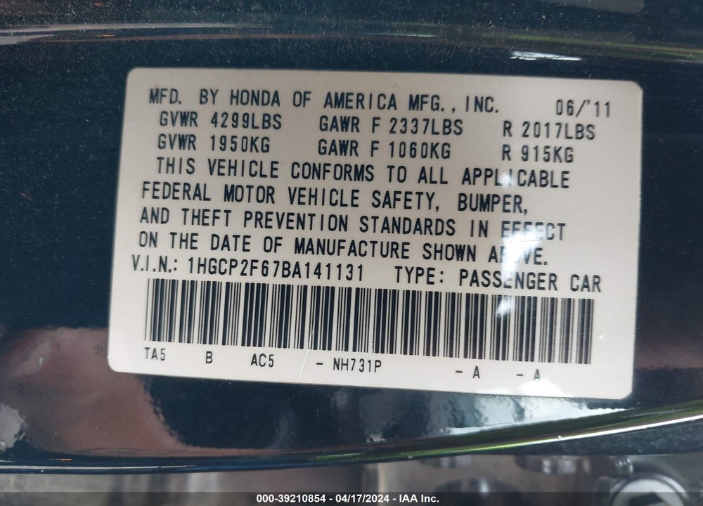 2011 HONDA ACCORD 2.4 SE VIN: 1HGCP2F67BA141131